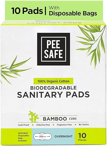 Pee Safe Almohadillas sanitarias biodegradables para pasar la noche, algodón orgánico y pulpa de bambú (paquete de 10) Bolsas desechables
