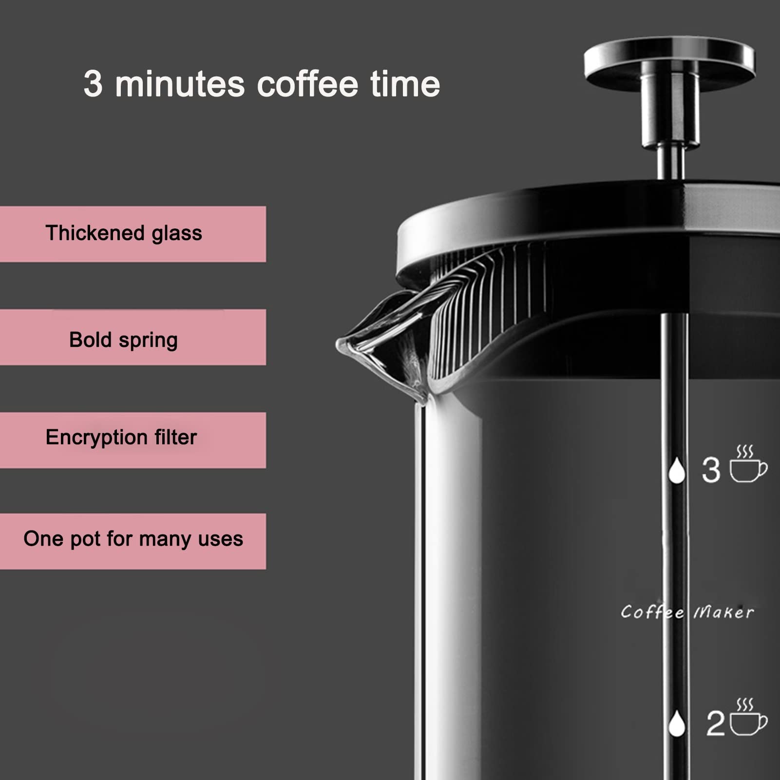 Caffettiere A Pistone, Caffettiera Francese in Vetro Borosilicato Addensato Resistente al Calore, Espresso E Teiera con Filtri Tripli E Stantuffo in Acciaio Inossidabile, per Regali da Viaggio Campeg