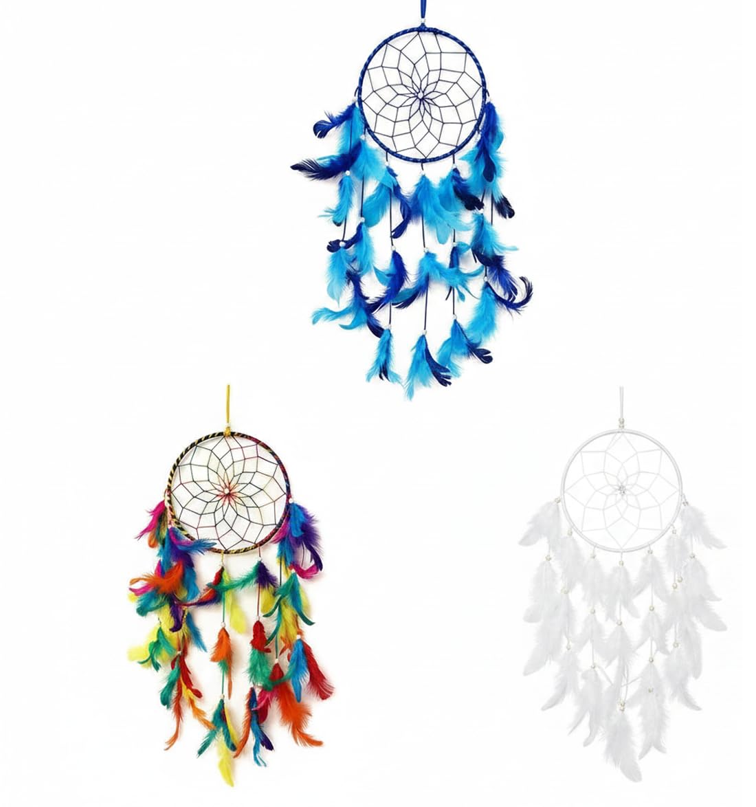 Handmade Dream Catcher Wall Hanging Pack of 3, Blue White Multicolor Boho Decor, Feather & Beads Hanging, Intricate Web Design, Bedroom Living Room Home Decoration, Positive Vibes Gift Set 15x40 cm-image-6