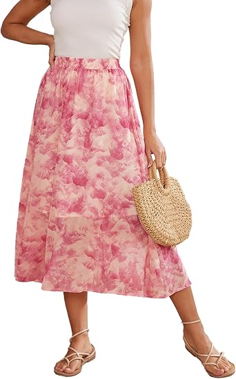HERBATOMIA Womens Midi Floral Print Skirt Flowy Boho High Elastic Waist Trendy Summer Beach Long Skirts for Women