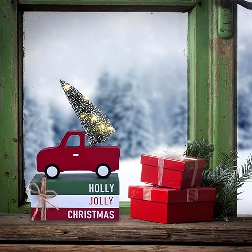 Miniatura 7 de Decoraciones navideñas para el hogar, 4 piezas de decoración de bandeja escalonada de Navidad con camión rojo de madera, árbol iluminado por LED y