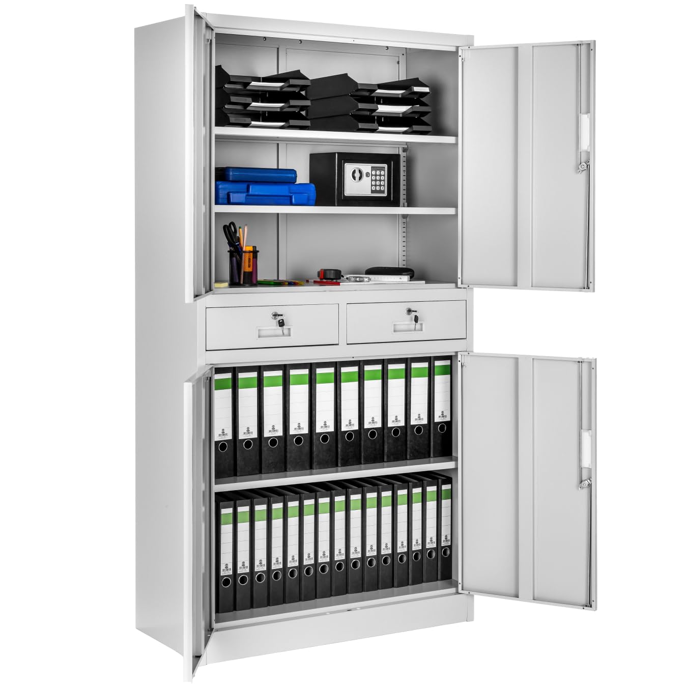 tectake® Armario Archivador Oficina en Acero, Armario Exterior e Interior con Candado Seguridad, Armario Multiusos con 5 Alturas, 4 Puertas, 2 Cajones, 3 Estantes Ajustables, 180x80x40 cm - gris claro