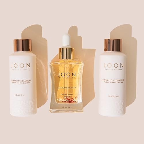 Miniatura 2 de Joon Set de regalo hidratante de tamaño de viaje | Elixir capilar de azafrán (1.11 onzas líquidas), champú rosa azafrán (2 fl oz) y acondicionador