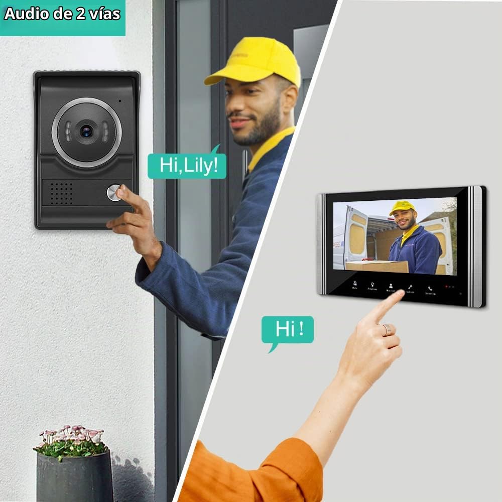 Teléfono de Timbre de Vídeo con Cable, Monitor de Vídeo de 7 pulgadas,Kits de Cámara HD Apoyan Desbloqueo,Vigilancia,Intercomunicador Bidireccional para Villa casa Oficina Apartamento