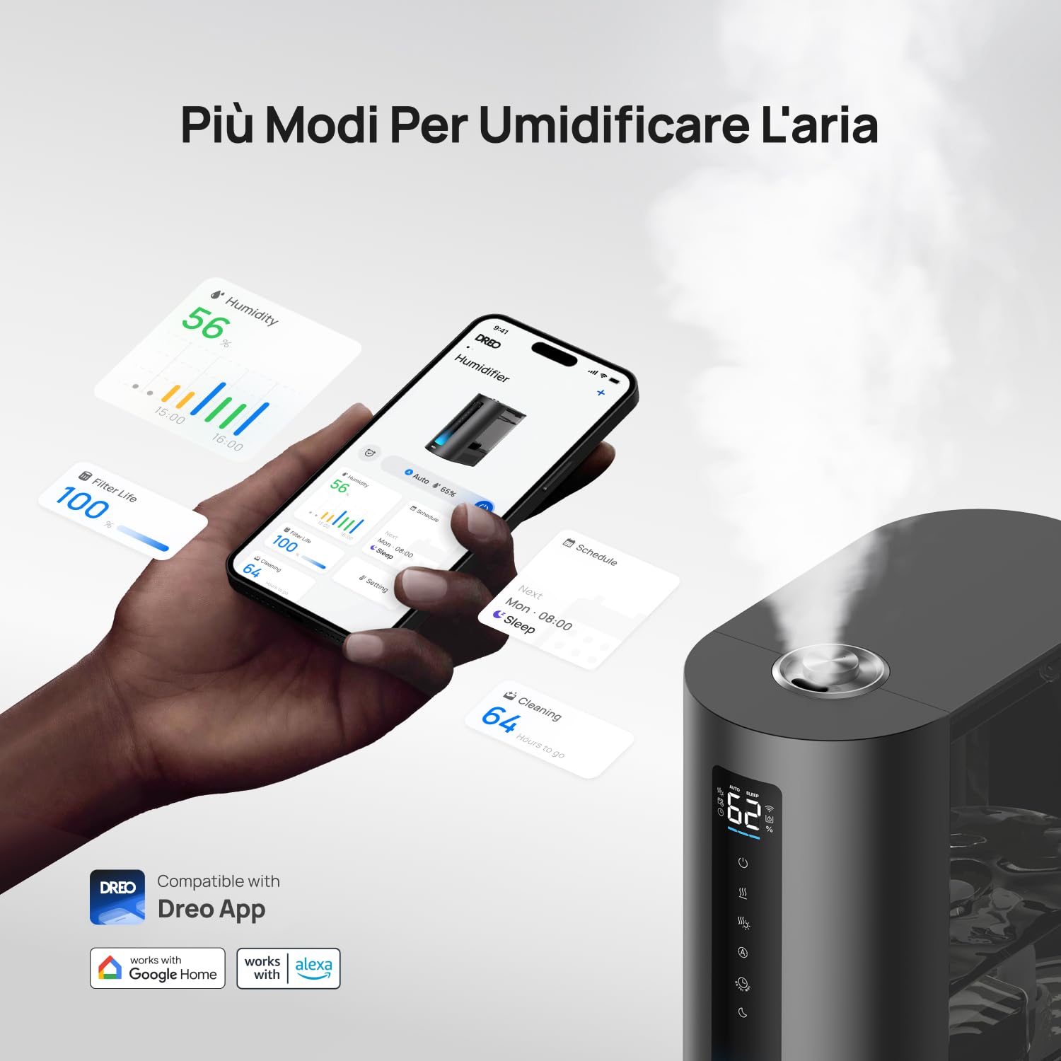 DREO 6L umidificatore per camera da letto, intelligente per grandi ambienti, bruma calda/fredda, per piante e bambini, riempimento superiore, 60 ore autonomia, silenzioso, timer, Google/Alexa, HM713S