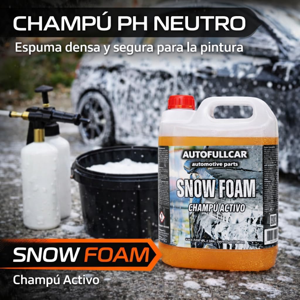 AutoFullCar Snow Foam 5 Litros, Champu Activo Coche PH Neutro, Lavado Carroceria, Alto Poder Espumante, Incluye Foamer Manual, Limpieza y Brillo Duradero