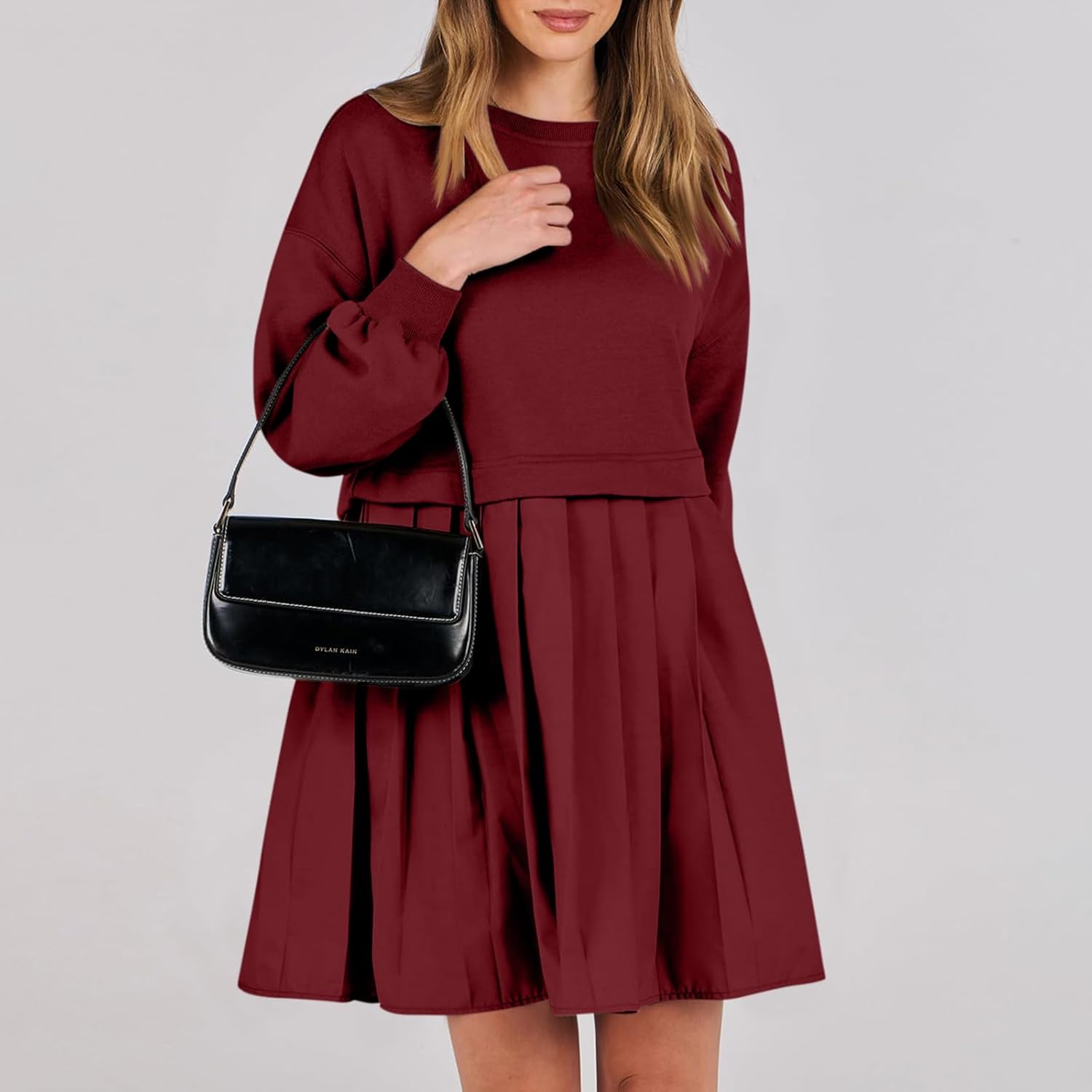 Women Oversized Sweatshirt Dress Long Sleeve Patchwork Crewneck Babydoll Pullover Flowy Pleated Layered Mini Dress - Image 2