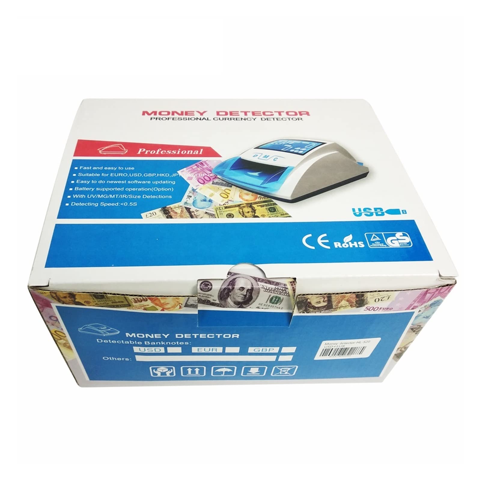Liczarka do Pieniędzy Mini Handy Banknote UV/mg Wykrywanie maszyny fałszywy euro detektor rachunków za pieniądze USD/EUR Detektor pieniędzy bez baterii(Blue 0.8mm)