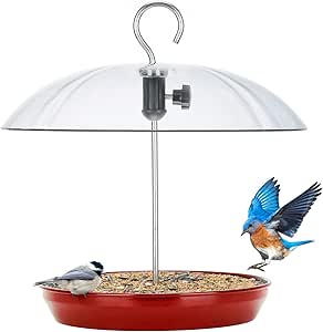 Kingsyard Adjustable Platform Bird Feeder for Outdoors Hanging, Metal Tray Bird Feeder with Dome Top, Attract Bluebirds Cardinals Goldfinches (Red) asin的图片