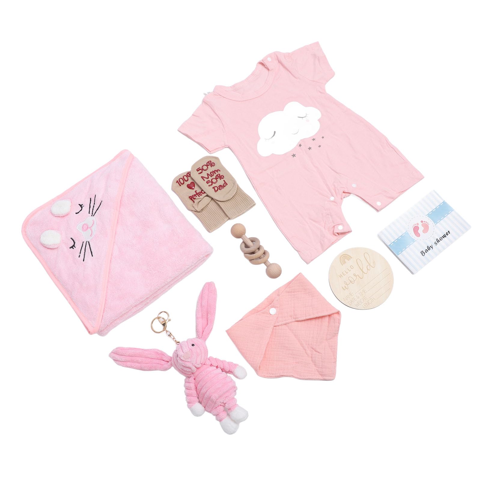 Jiawu Juego de Cestas de Regalo para Recién Nacidos, Incluye Ropa para Muñecas, Baberos, Calcetines, Sonajero, Juguete de Madera y Tarjeta de Felicitación, Toalla Suave (PINK)