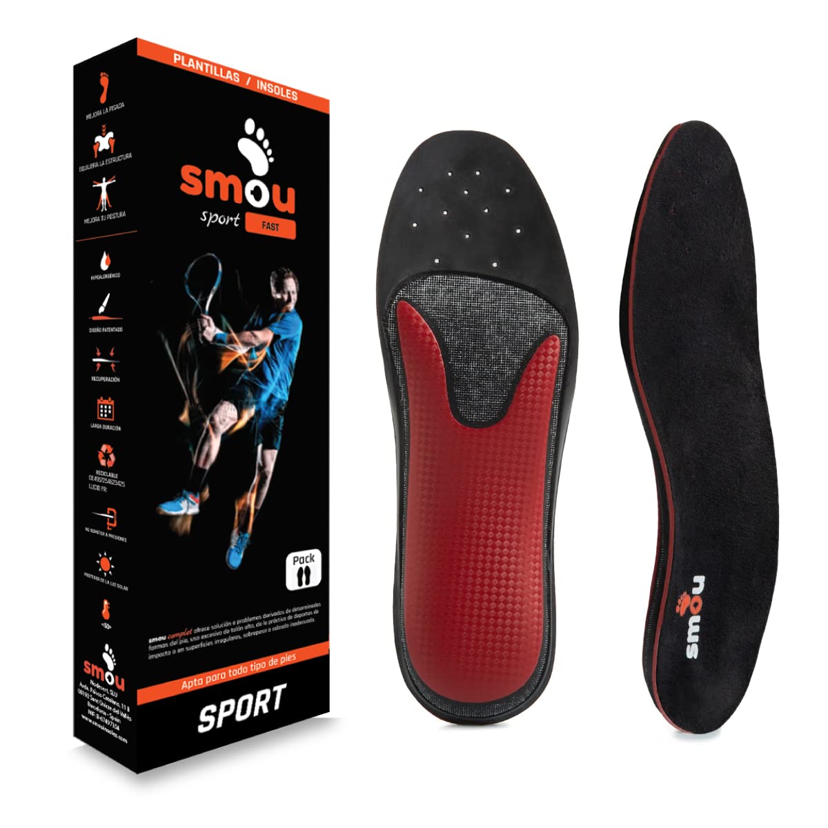 SMOU SPORT FAST Plantillas Memory foam para deporte Mujer y Hombre | Padel-Tennis | Impulso-equilibrio | Soporte del arco | Memory foam Gran Amortiguación | Para Zapatillas Deportivas (43-44 EU)