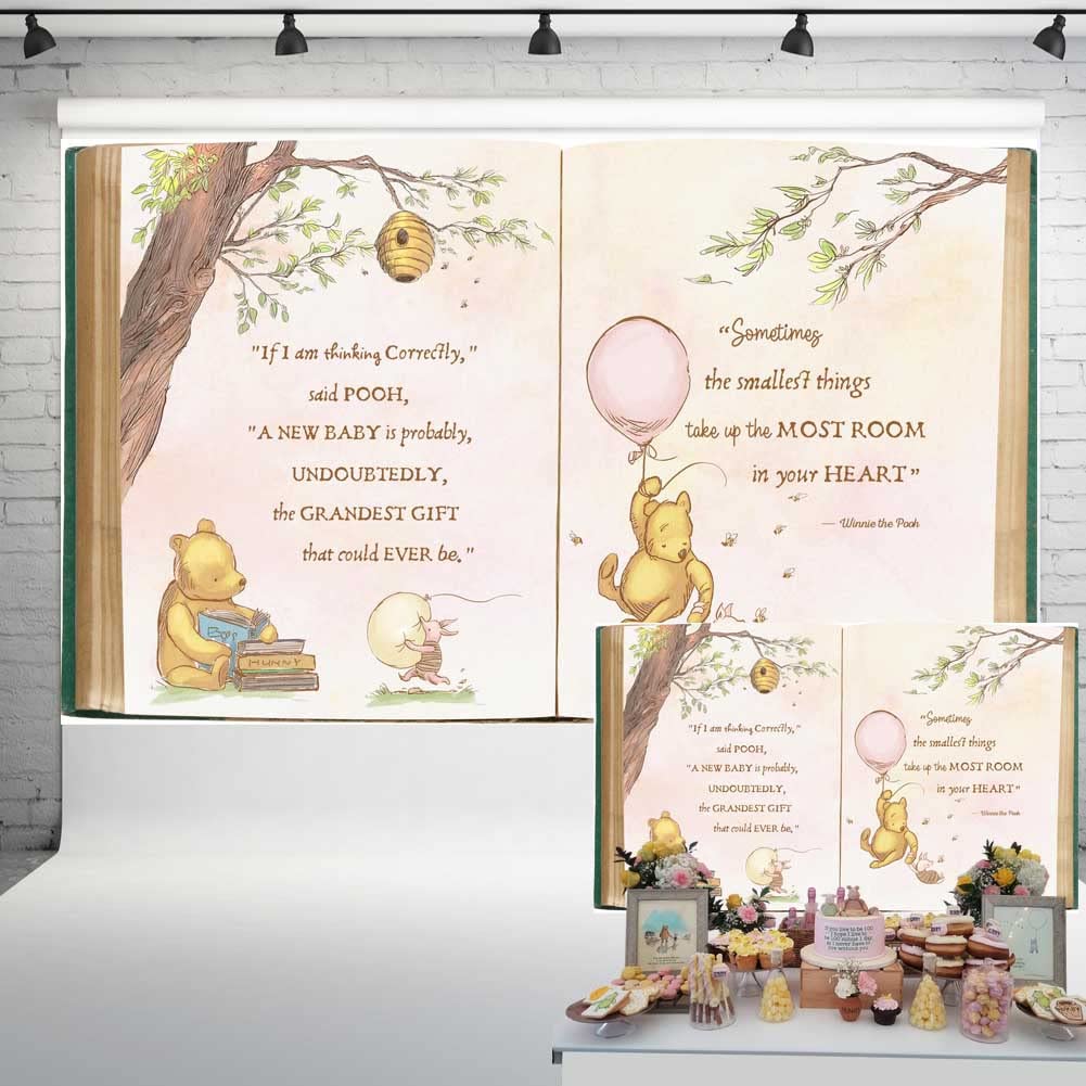 Vintage Pooh Bear Baby Shower Backdrop for Girl Retro Giant Book Spring Tree Classic Background Newborn Quote Pink Yellow Tinge Banner 5x3 ft 139
