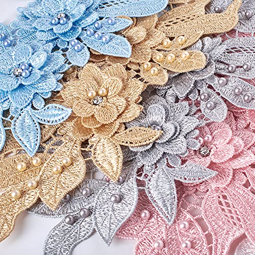 1 Pair 3D Lace Applique, Sew On Flower Bead Patches Embroidery Floral Motif Beaded Rhinestones Lace Trim Fabric Pearl Appliques Sewing Wedding Bride Dress Veil Clothes Decor (Black) #TOP5