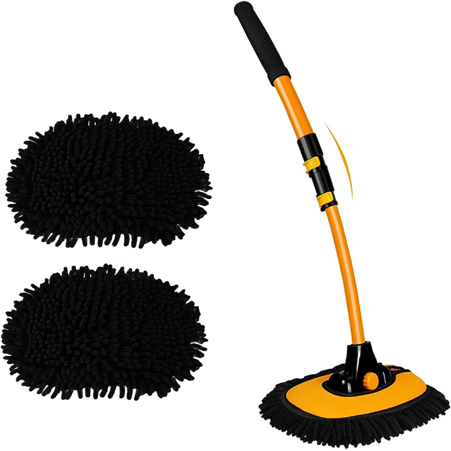 Car Cleaning Brush with Long Telescopic Handle 43" – 15° Curved Soft Chenille Head, Scratch-Free Duster Mop for Car Wash, Van, Truck, Caravan, Boat, RV – Aluminium Alloy Pole + 2 Wash Mitt Heads