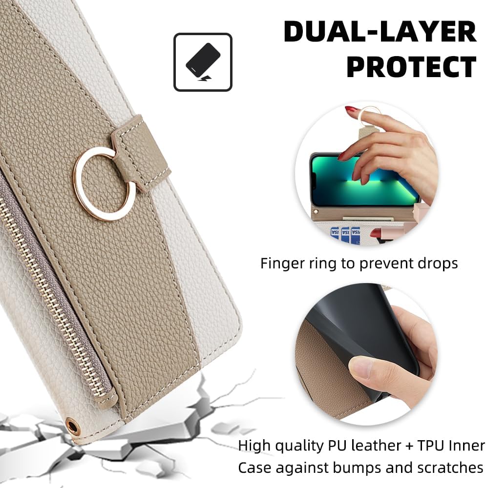 Wallet Case with Crossbody Strap Compatible for Oppo A60, Magnetic Handbag Zipper Pocket Cases PU Leather Flip Shockproof Cover with Kickstand White