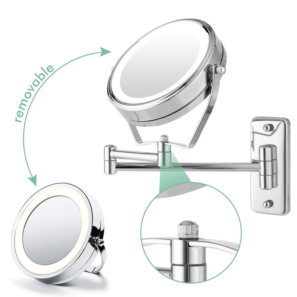 Espejo de maquillaje Montaje en pared, Espejo de Aumento de Doble Cara giratorio de 360 ° Normal + Aumento de 10X Espejo de baño de Forma Redonda plegable extensible,Bronze_8inch 10X (Bronze