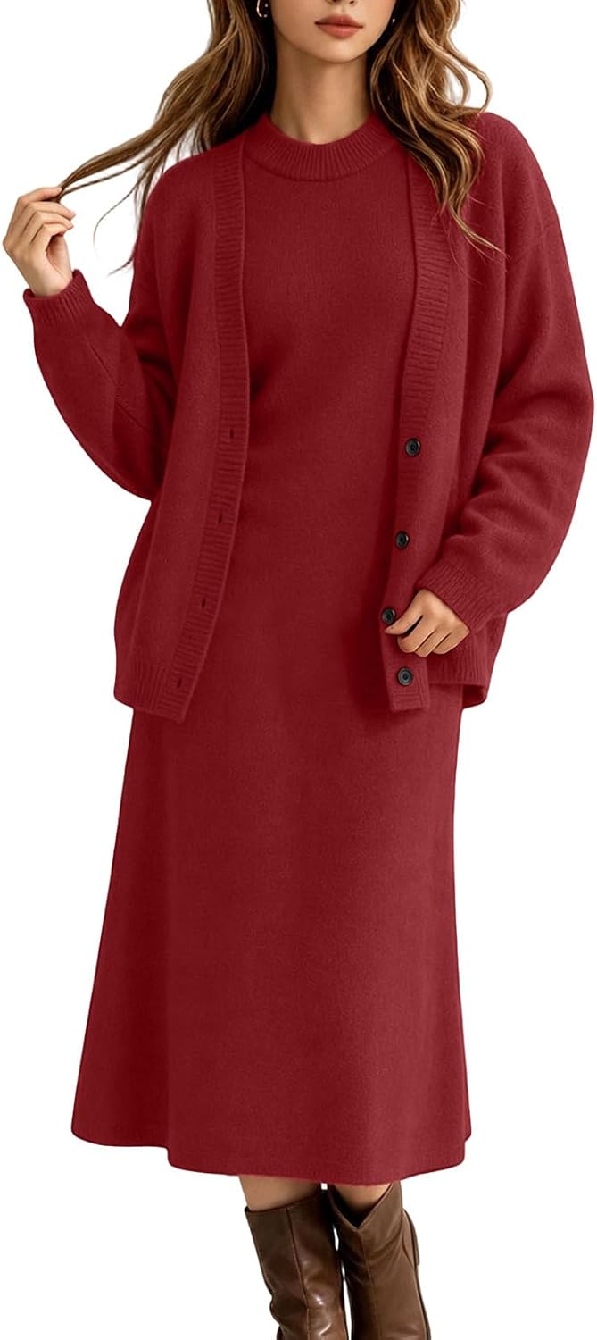 Women 2 Piece Knit Dress Set,Cardigan and Long Dresses Casual Party