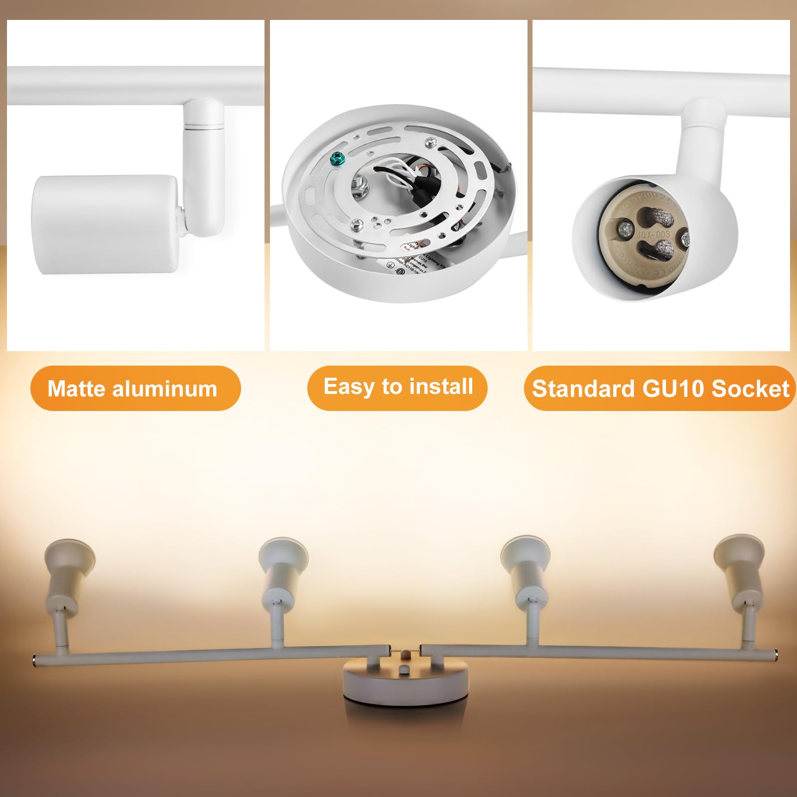 Accesorio de iluminación de riel de 4 luces, cabezales giratorios GU10, blanco mate, bombillas no incluidas, perfecto para cocina, oficina, lavandería, comedor 3