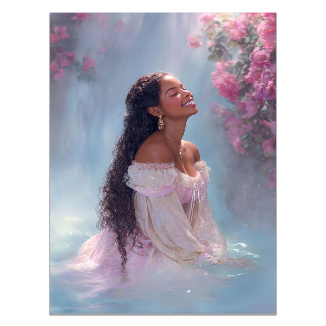 QUSAAOU Black Woman Canvas Wall Curly Lady Waterfall Bougainvillea Portrait Graffiti Canvas Art Posters Prints African Woman Modern Picture For Living Room Bedroom Office(coral pink)-60x90cm1 Unframed