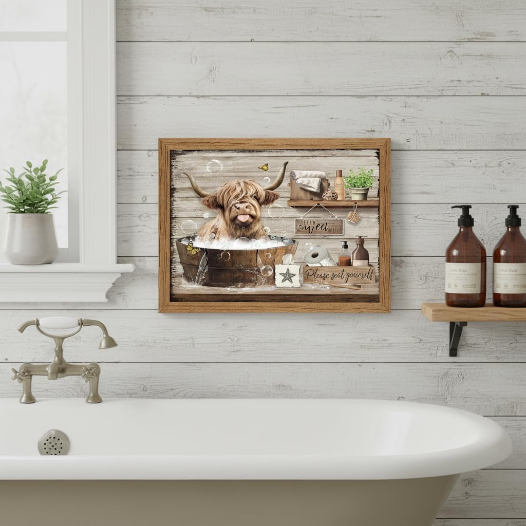 XDFDDNLY Wood Framed Highland Cow Canvas Wall Art,Bathroom Funny Quotes Picture,Rustic Farmhouse Cow Poster Prints.Cute Animal In The Bathtub painting Artwork for Bathroom Restroom Wall Decor 12x16in