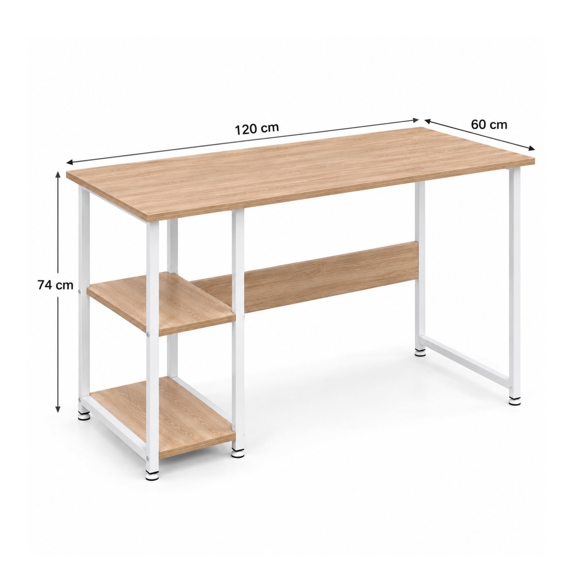 Escritorio Madera Metal, Mesa de Ordenador con 2 Estantes, Metal Blanco y Roble 120 x 60 x 74 cm. Alexis