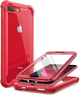 i-Blason Case for iPhone 8 Plus/iPhone 7 Plus, [Ares] Full-Body Rugged Clear Bumper Case with Built-in Screen Protector Metallic Red