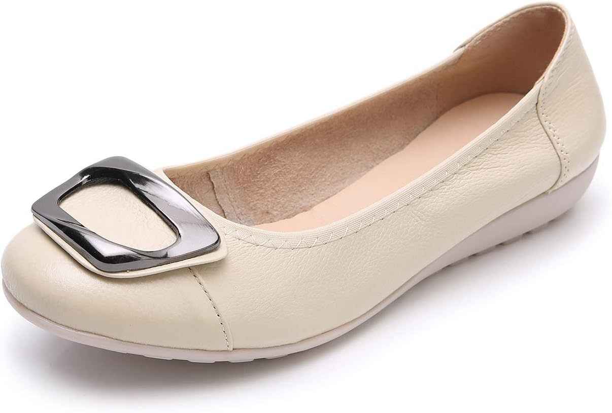 VenusCelia Women's Buckle Dance Flat Shoe (6.5 M US,Beige)