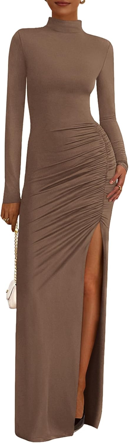 BTFBM Formal Dresses for Women 2025 Fall Long Sleeve Mock Neck Ruched Bodycon Slit Maxi Wedding Guest Dress Cocktail