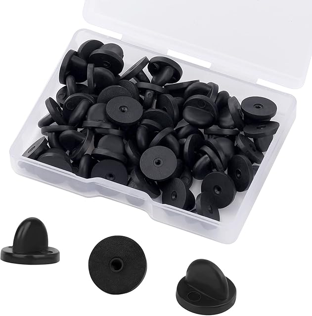 AIEX 50 PCS Butterfly Clutch Pin Backings Rubber Pin Backs Replacement Uniform Locking Pin Backs Tie Tack Pins Keepers for Lapel Pins Jewelry Making Hats Badges (Black 0.45" Diameter)