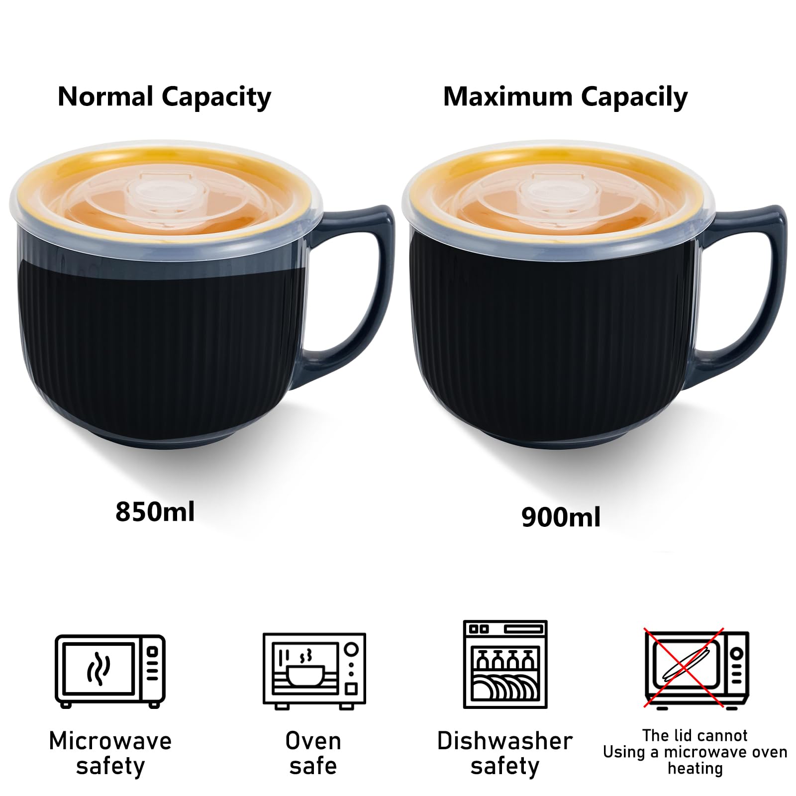 Cuenco de cerámica con asa, 900 ml, tazas de sopa para microondas con tapa, cuenco de ramen, taza de café grande para almuerzo, pasta, fruta, cereales (gris)