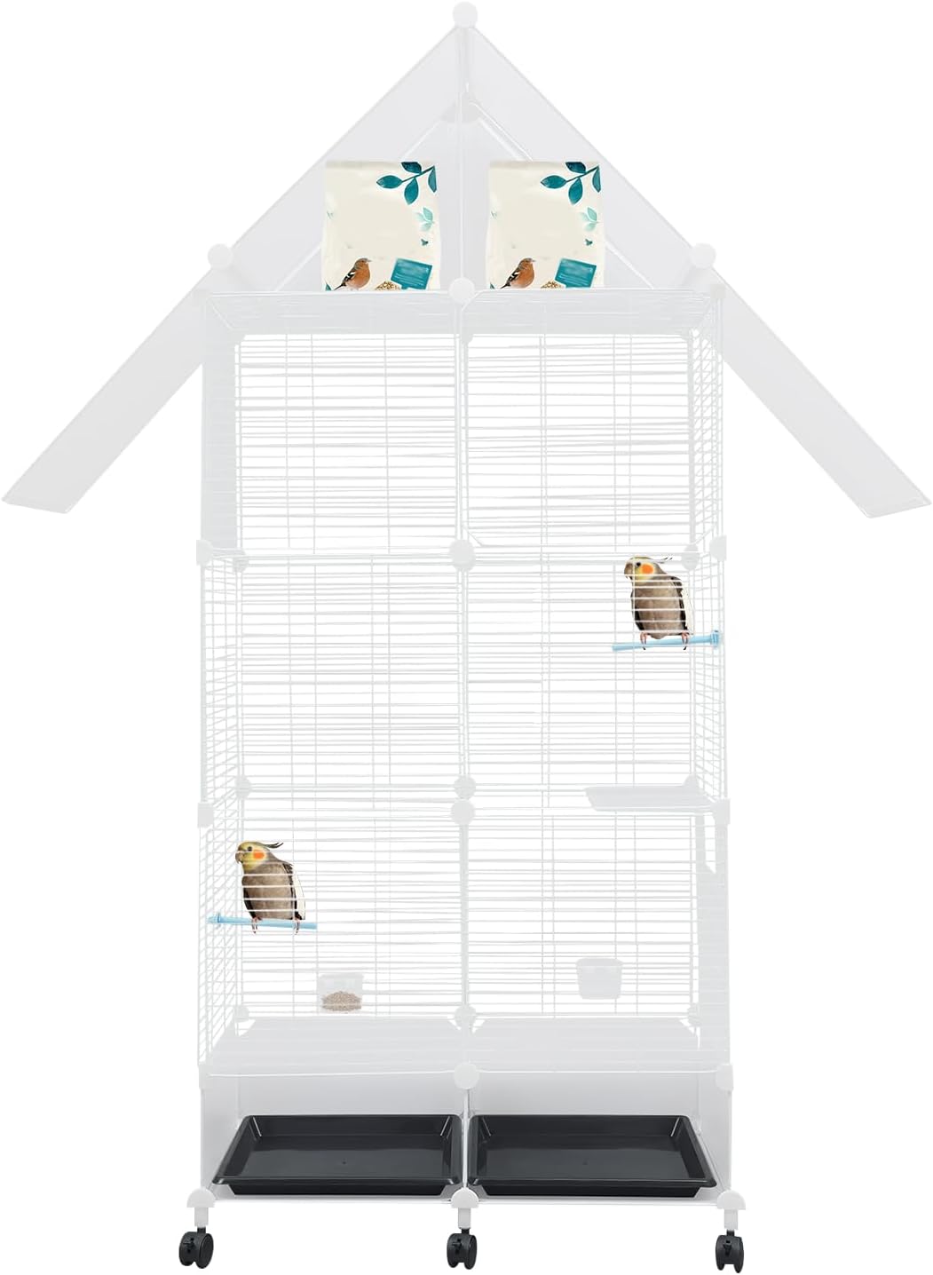 Großer Vogelkäfig mit 6 Rädern, 74 x 37 x 163 cm, Vogelvoliere mit 2 Sitzstangen, 2 Futternäpfen und 2 Näpfen, Papageienkäfig mit sicherer Schnalle für Wellensittiche und Nymphensittiche (weiß)