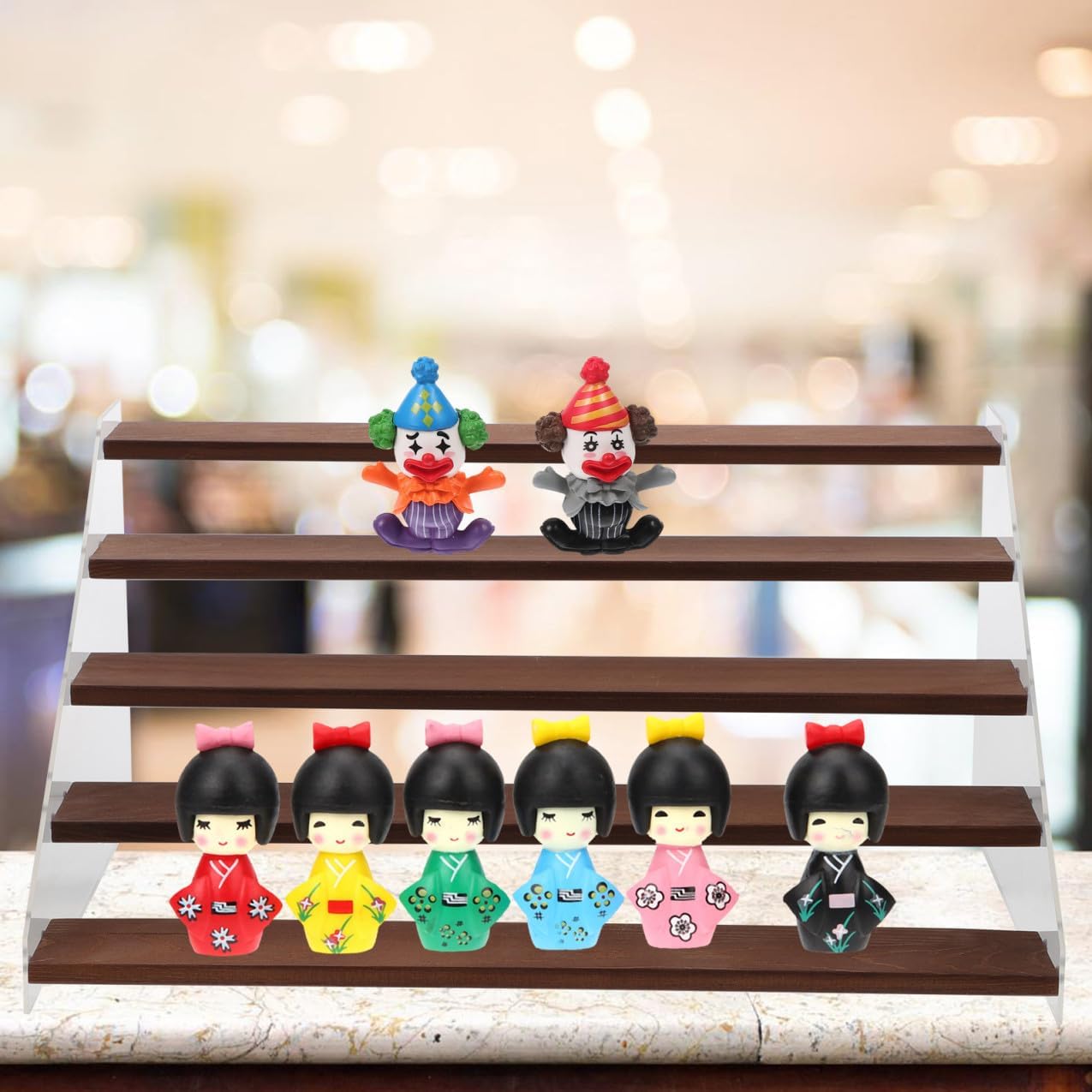 5-tier Acrylic Wood Ladder Shelf Display Stand for Figures and Jewelry, 40cm Colored Board Riser Organizer for Desktop Collection and Retail Showcase