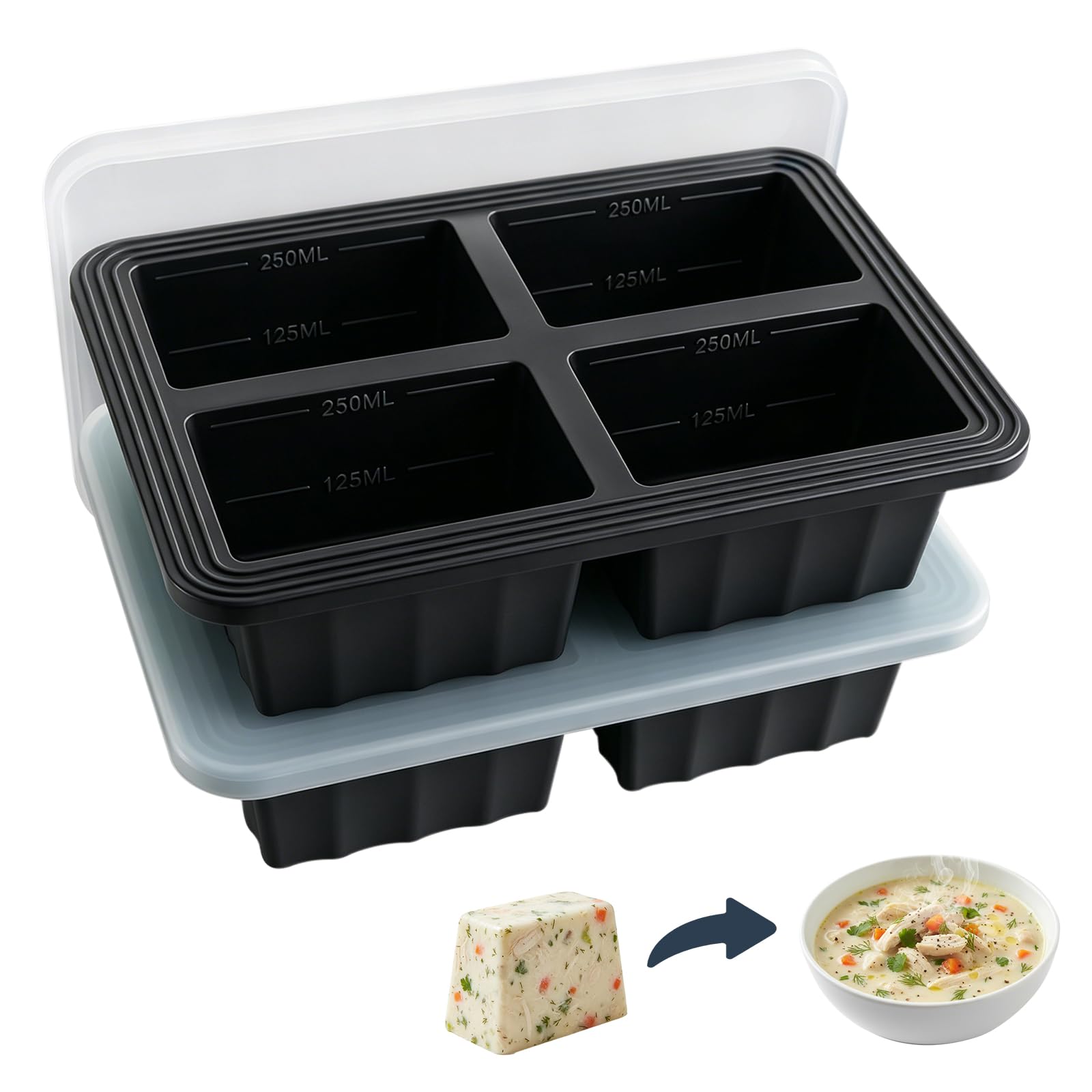 Pocvaim Jet Black 2 Pack Food Grade Silicone Freezer Tray With Lid, 4 Compartment Soup Freezer Containers, Large Ice Cube Tray For Meal Prep, 8 Cup Portion Freezing Moulds For Soup, Sauce, Broth, Baby Food & Leftovers