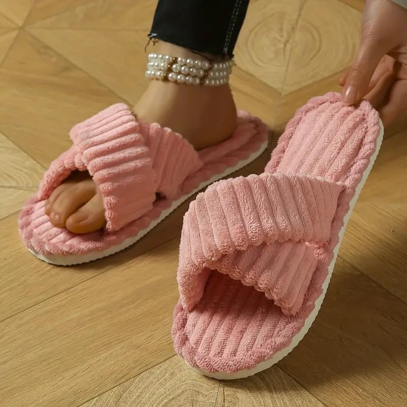 Image of SILENCIO Slippers for Women House Bedroom Furry Cross Bands Slide Shoes Anti-Skid Sole Open Toe Slippers Indoor & Outdoor