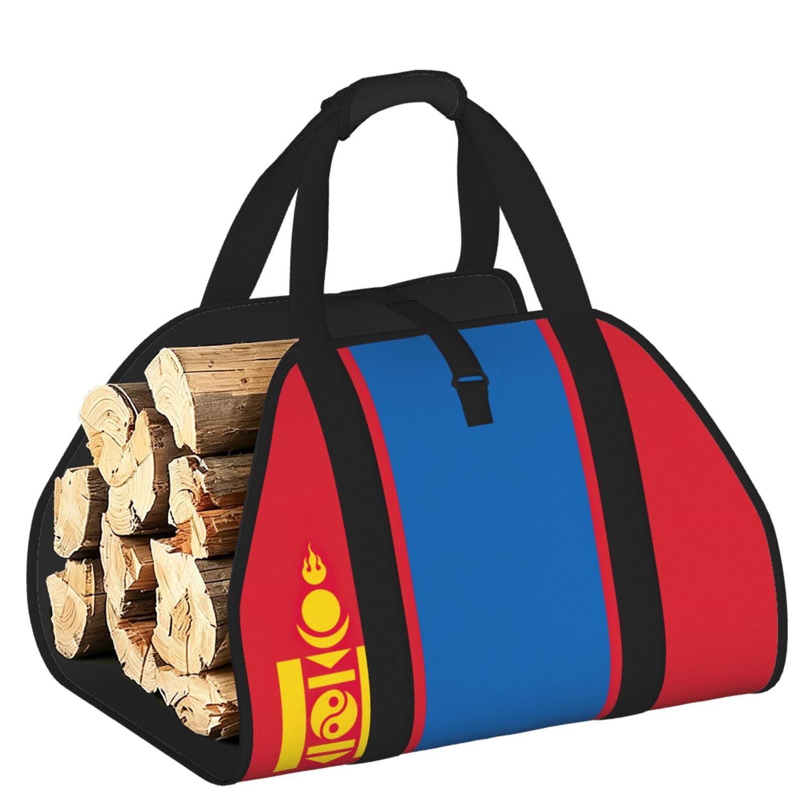 Mongolian flag Printed Firewood Log Carrier, Large Tote Bag with Reinforced Handles for Camping Fireplace Home