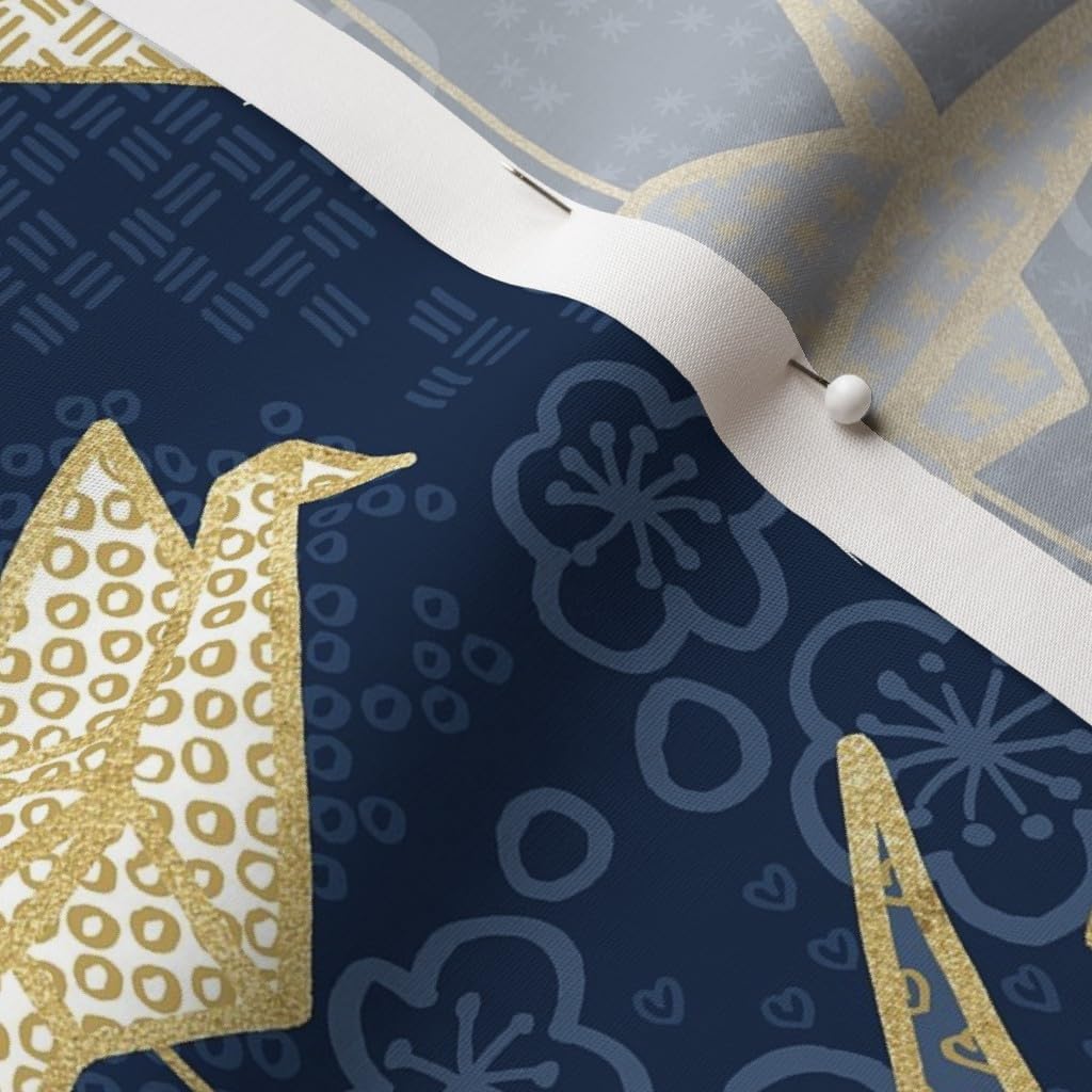 Spoonflower Fabric - Luck Cranes Origami Japanese Crane Peace Gold Cherry Blossom Japan Printed on Cotton Poplin Fabric by The Yard - Sewing Shirting Quilting Dresses Apparel Crafts