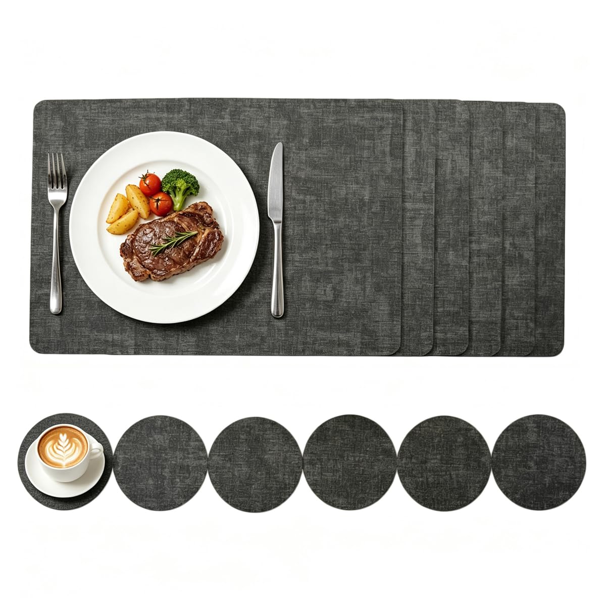 Set de table en cuir noir et dessous de verre lavables lot de 6