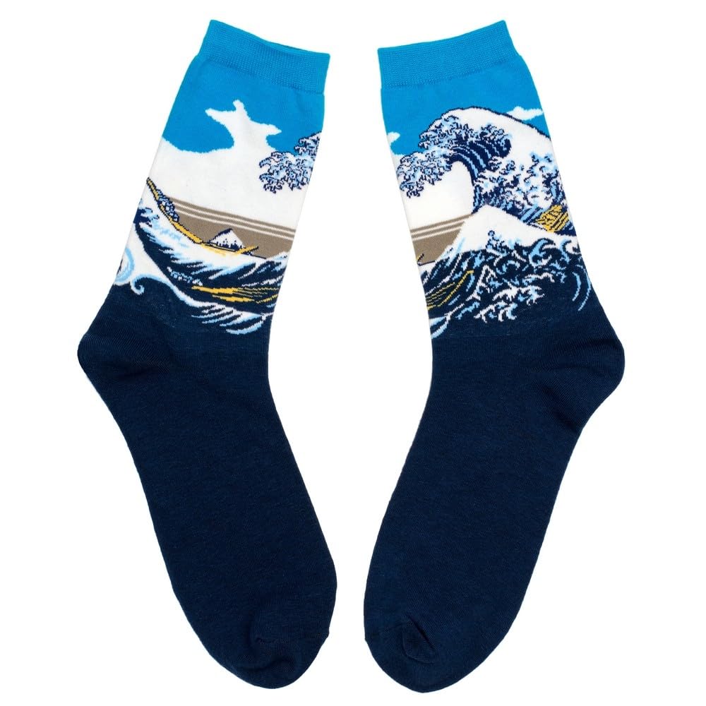 JOE COOL Mens Cotton Socks with Japanese Great Wave Art Design in Oceanic Blue and White