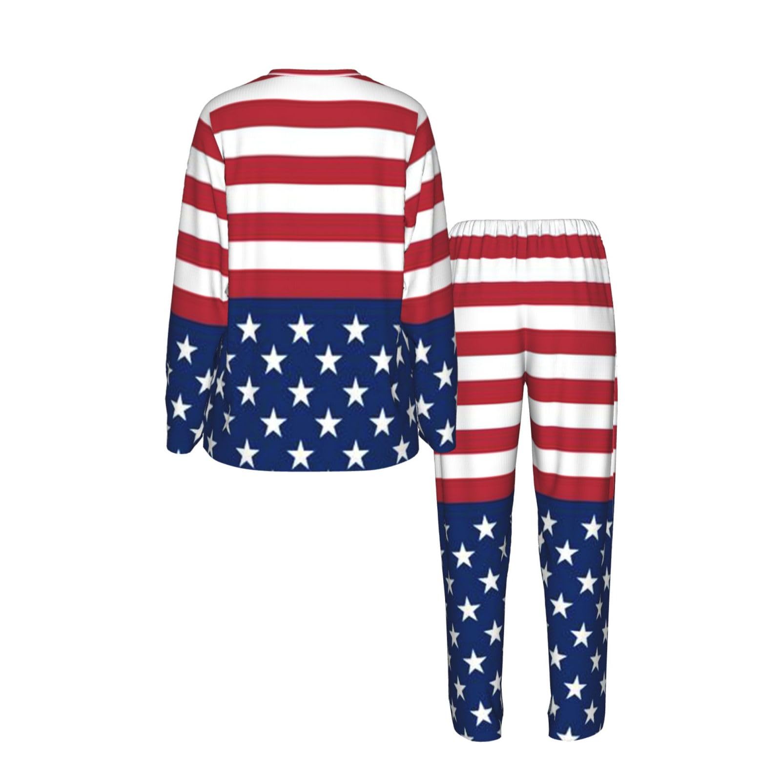 Bandiera americana stelle strisce stampa donna manica lunga pigiama coordinato morbido elastico coulisse casual daywear