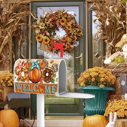 Image of Welcome Fall Mailbox Cover Magnetic Standard Size 21 inchx19 inch, Autumn Pumpkin Wreath Doughnut Decorative Post Letter Box Wrap Decor, Thanksgiving Garden Yard Outdoor Decoration