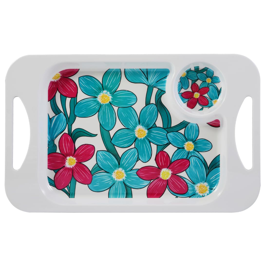 Rosa Lifestyle Teal Cerise Floral Lightweight Melamine Snack Tray With Handles - Rectangular 33.8Cm X 20.6Cm - Lightweight Tea & Sandwich Tray - 345G