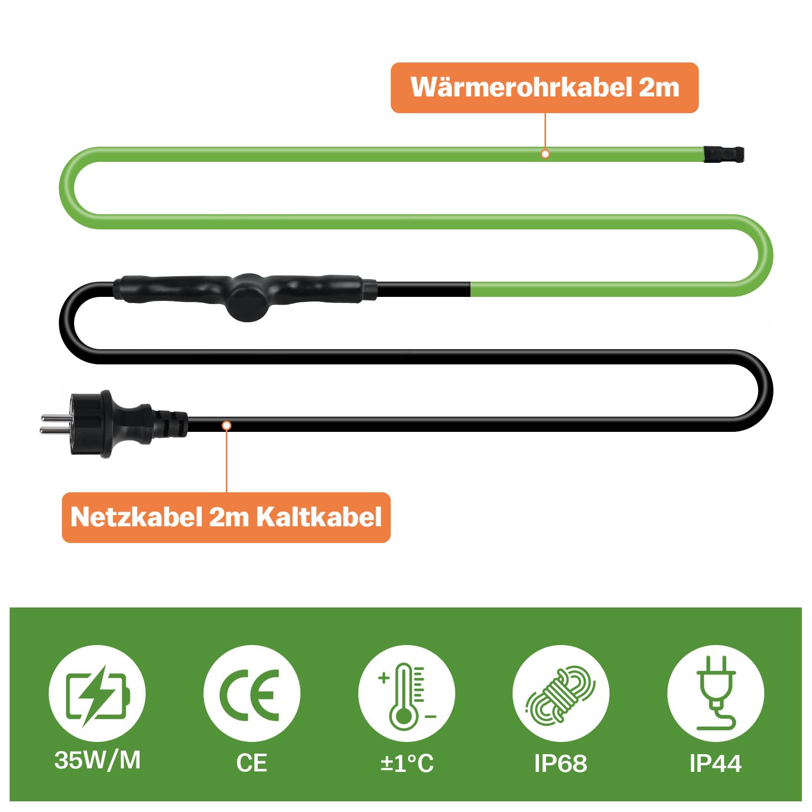 Câble chauffant autorégulateur de 2 m - Câble chauffant antigel avec thermostat intégré pour protéger les tuyaux d'eau - Idéal pour les plantes - Étanche avec fiche de contact de protection