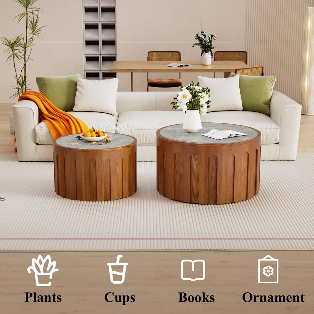 Lot De 2 Tables Basses Rondes Emboîtables, Table Basse Moderne en Forme De Tambour Cannelé avec Plateau en Placage De Marbre, Tables D'appoint Empilables en Bois,Vert