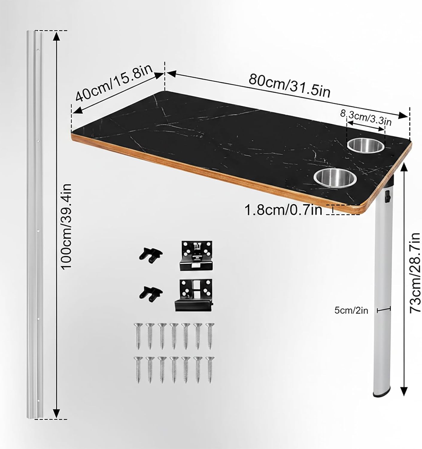 Wall Mounted RV Table Set with Folding Aluminum Leg and Marble Style Tabletop 80x40cm Detachable Slide Rail Dual Cup Holders Space Saving Desk for Camper Van Boat Trailer Small Space (Silver)