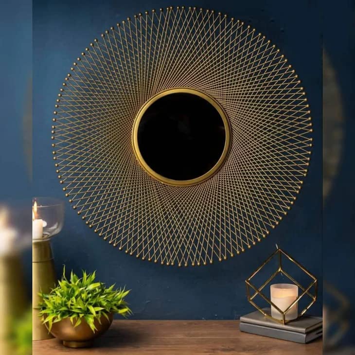 Metalmastery Stainless Steel Golden Finished Decorative Iron Mirror Knitted Glass Leaf Design Wall Mount Hanging Decorative Mirror Sculpture Wall Mirror For Living Room Dining Hall - Round-image-4