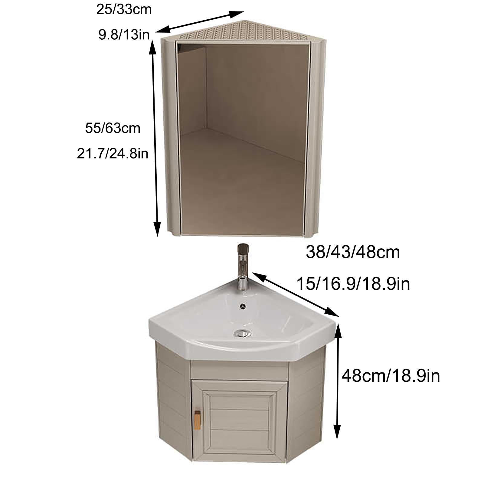 Eckwaschbecken Mit Unterschrank, Wandmontiertes Keramik Waschbecken, Badezimmer-Waschbecken, Mit Spiegelschrank, Badunterschrank Waschbecken, Badmöbel-Set, Für Badezimmer(Beige,48cm/18.9in)