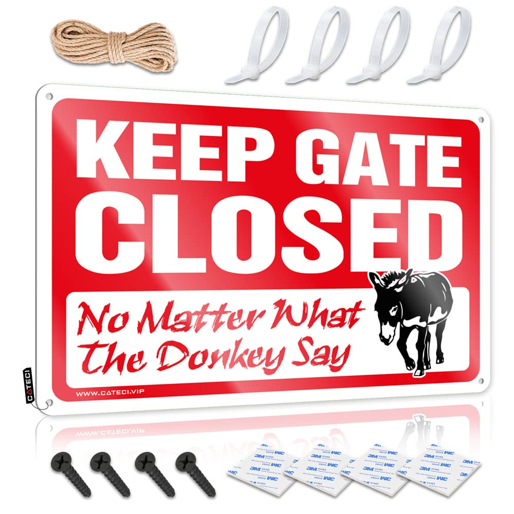 HELIOFORGE Retro Tin Signs Keep Gate Closed No Matter What The Donkey Say Sign Funny Vintage Metal Sign Mancave Accessories Men(30X40CM)