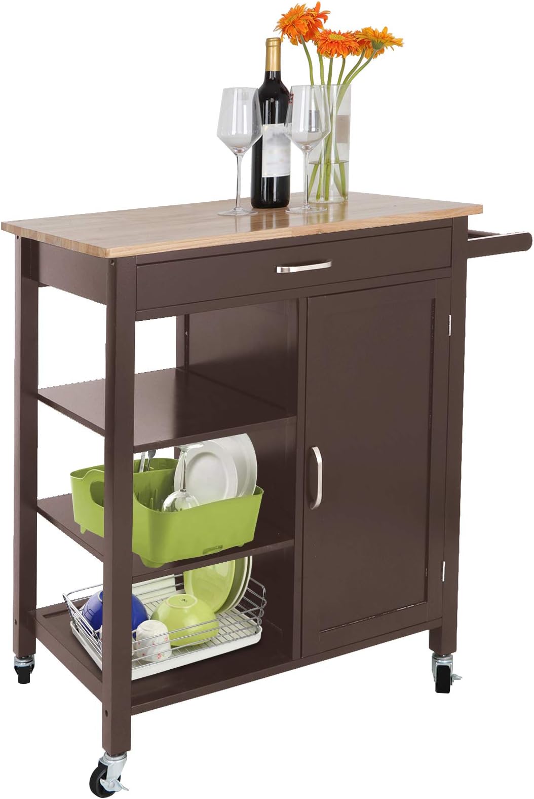 BBBuy Kitchen Island Cart Trolley Handle Wheel w/Wooden Top Drawer,Shelves,Cabinet for Storage