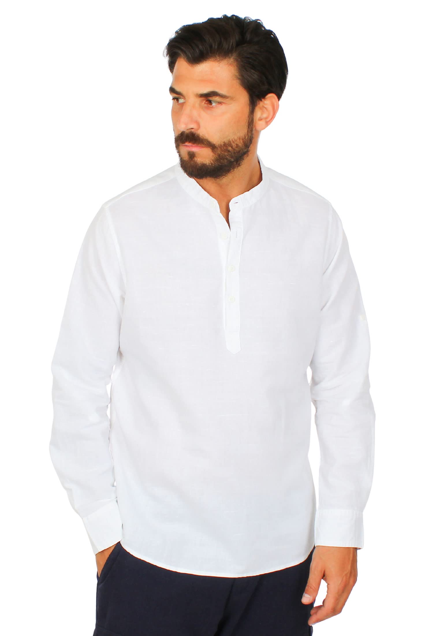 Camisa de hombre de lino con cuello coreano Serafino Slim Fit Manga Larga de Casaca