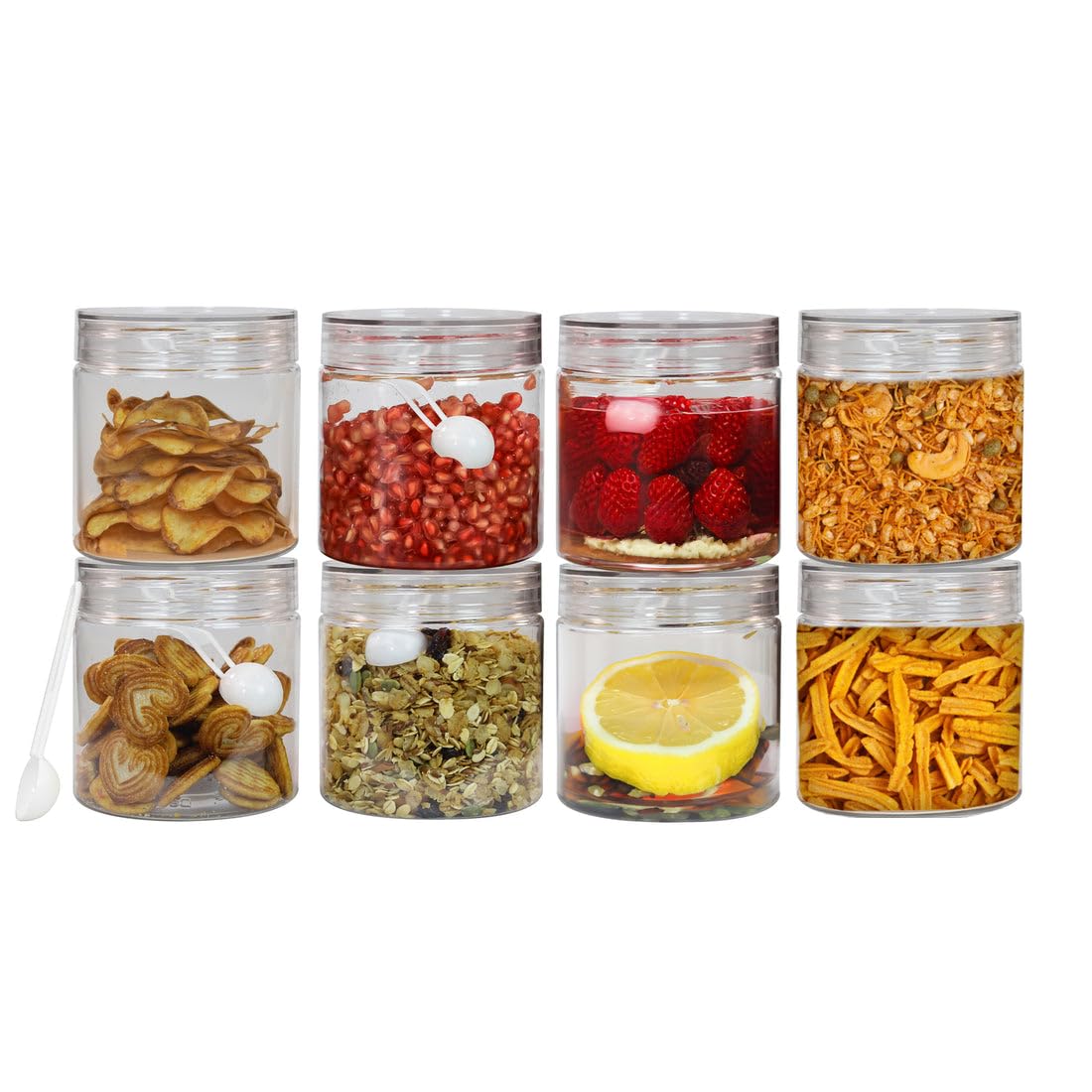PEARLPET Plastic Containers for Kitchen Storage | Plastic Container Set with Spoon | BPA-Free, Stackable Jars | Transparent, 750ml (Set of 8)